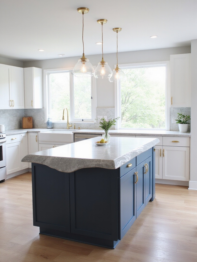 Modern kitchen with dark blue island and marble waterfall countertop.