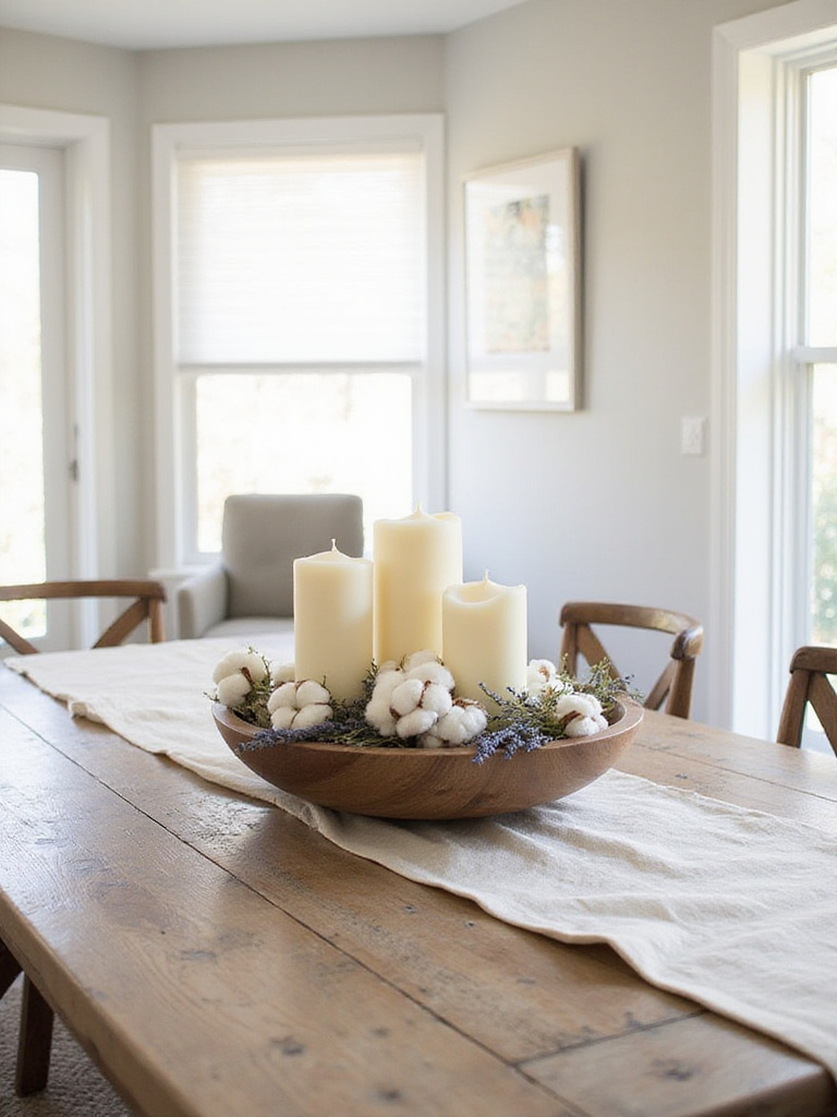 Farmhouse dining room with a natural and elegant centerpiece of cotton stems, lavender, and candles in a wooden dough bowl.