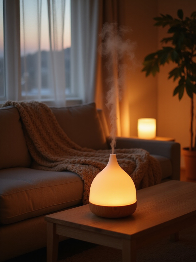 Cozy living room with a diffuser emitting a calming scent.