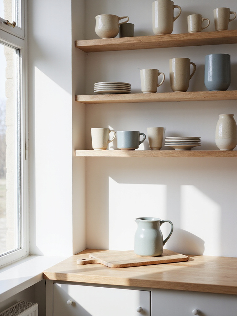 Scandinavian kitchen with handcrafted ceramic display on open shelves