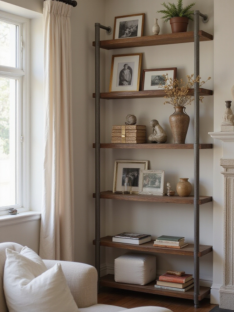 Cozy living room bookshelf styled with personal photos and sentimental objects
