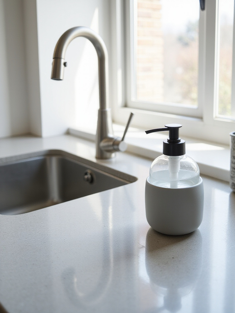 Elegant ceramic dish soap dispenser next to a modern kitchen faucet.
