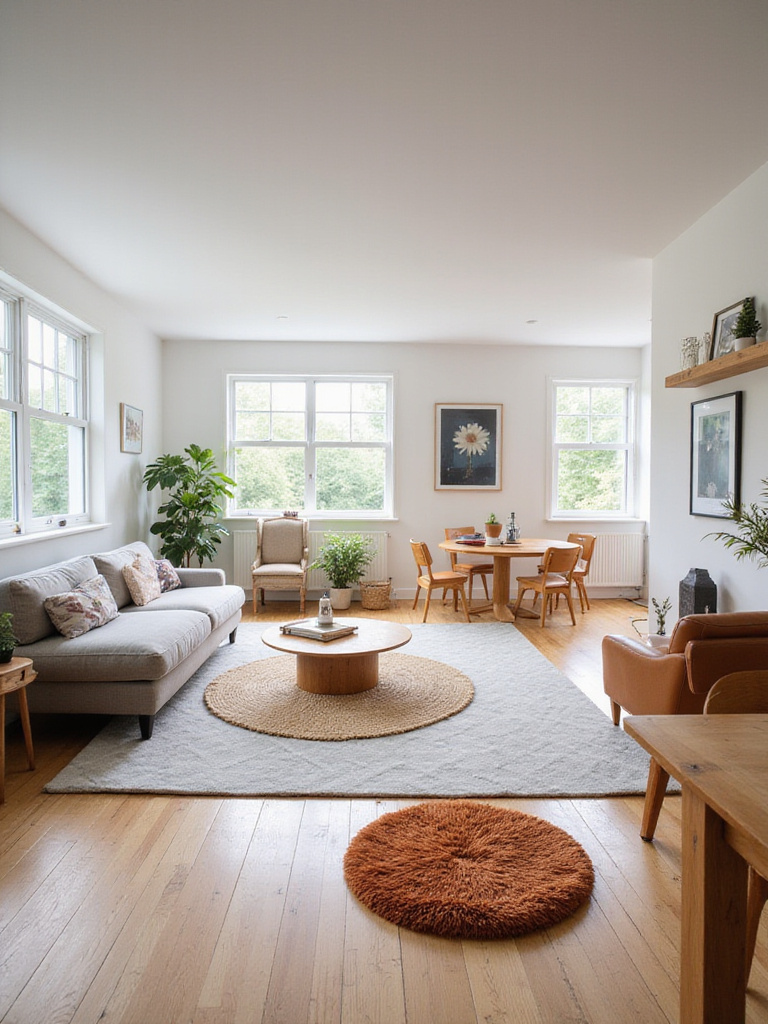 Open-plan living room with three rugs defining separate zones: a seating area, a dining area, and a reading nook.