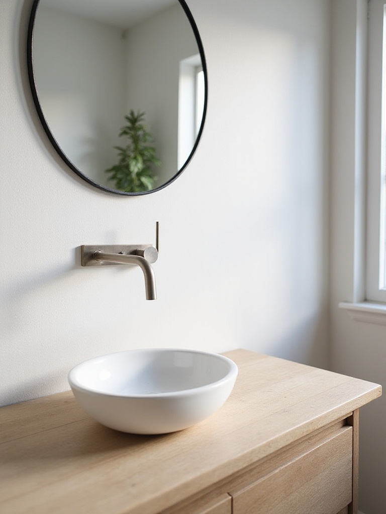 Modern bathroom vanity with brushed nickel faucet and round mirror