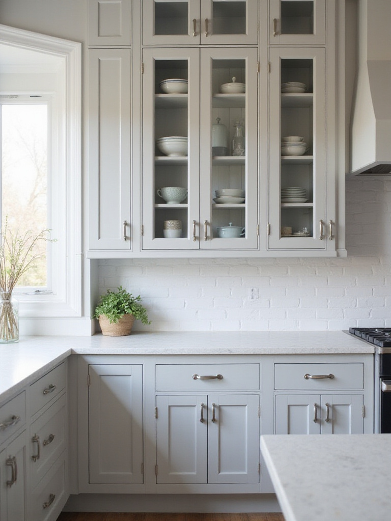 Kitchen featuring newly installed grey shaker-style cabinet doors with glass-front upper cabinets.