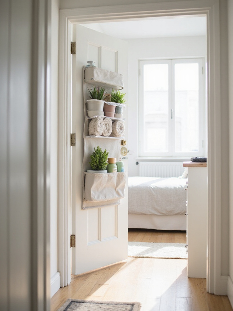 Small bedroom with over-the-door organizer on the back of the door holding toiletries and towels.