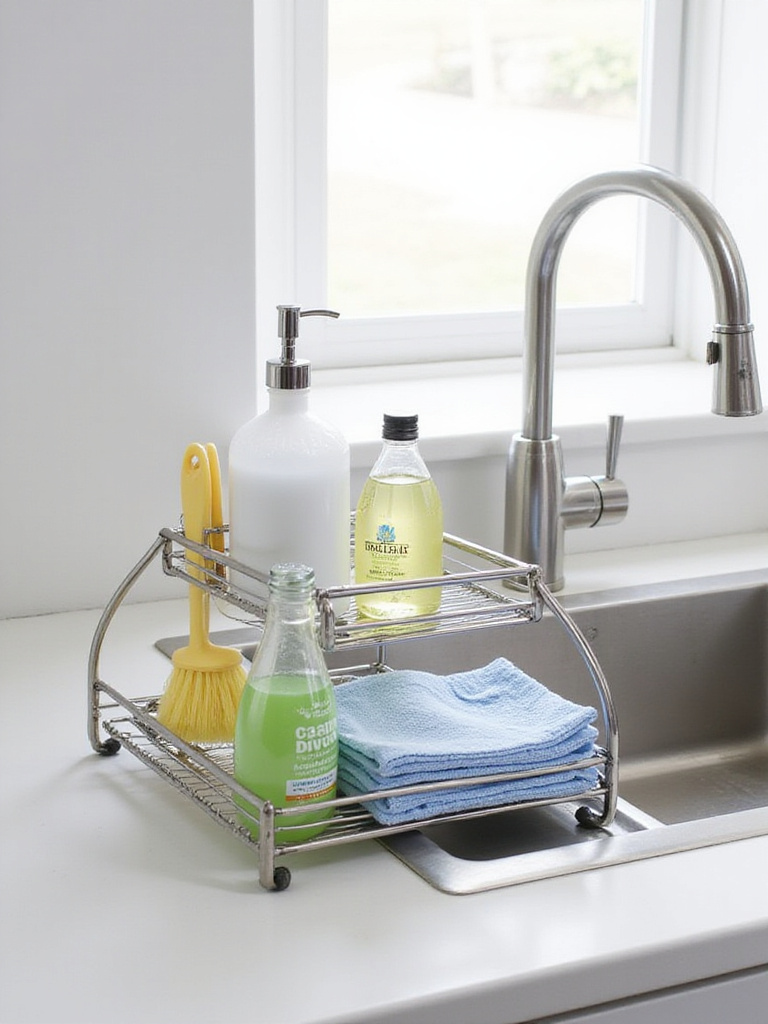 Double-decker kitchen sink organizer maximizing vertical space on a countertop.