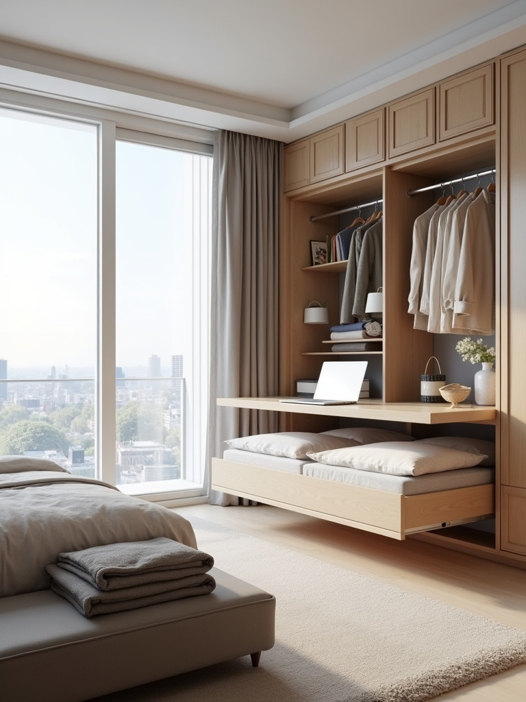 Multi-functional furniture maximizing space in a small apartment bedroom