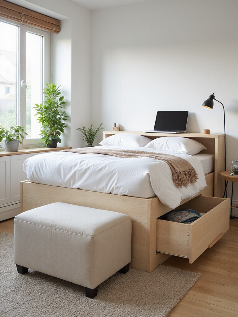 Small bedroom with multi-functional furniture including storage bed, folding desk, and storage ottoman.
