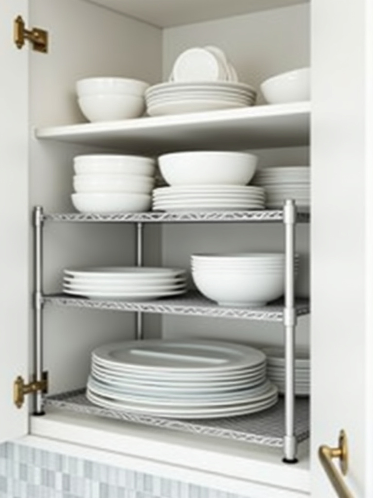 Kitchen cabinet organized with a two-tiered shelf riser holding white dishes.