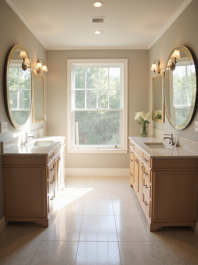 Modern bathroom with his-and-hers vanities and natural light.
