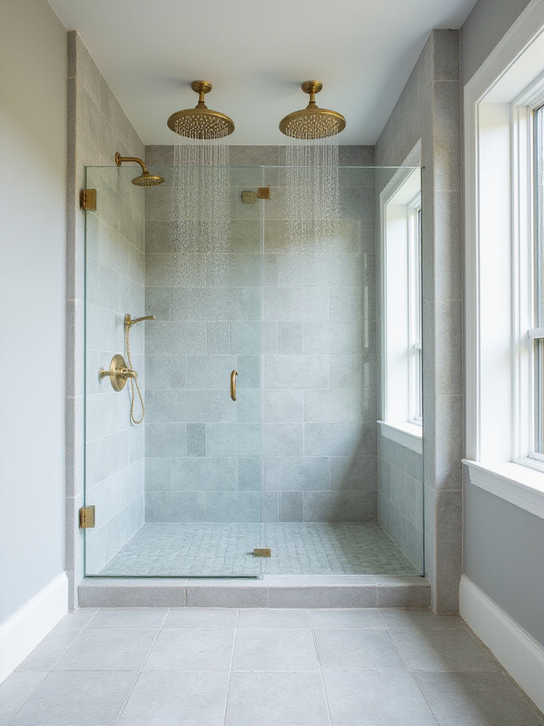Modern bathroom shower with dual rain shower heads