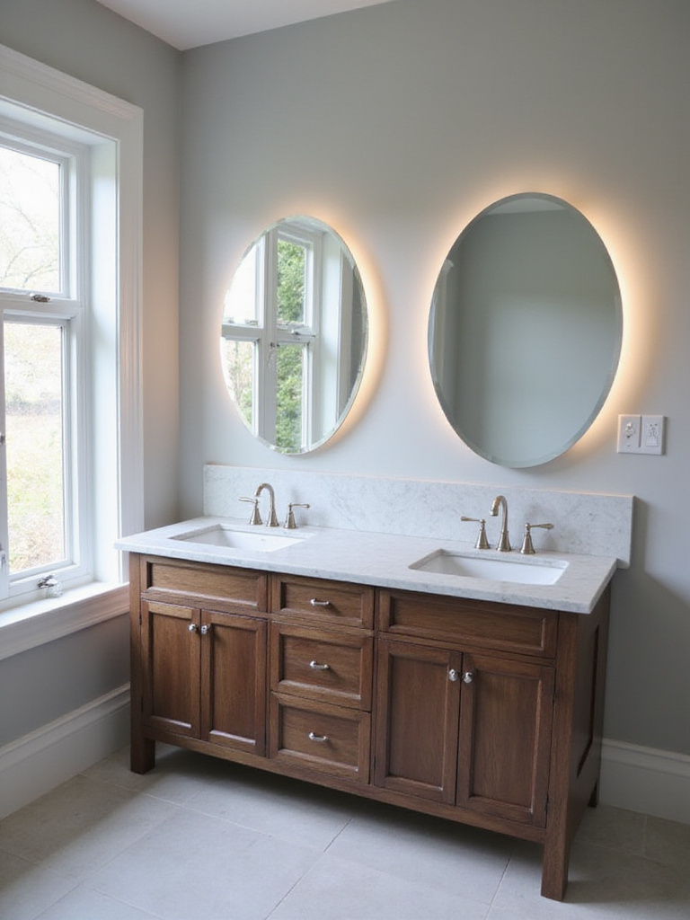 Modern bathroom with dark wood double vanity and marble countertop