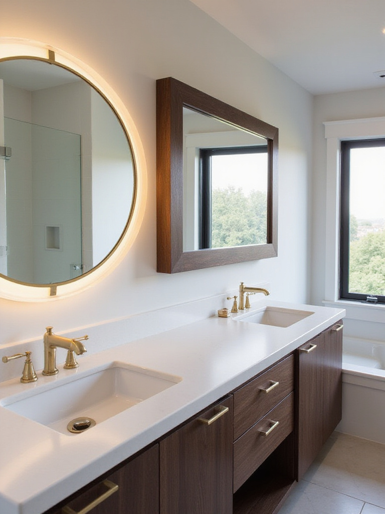 Modern bathroom with double vanity and contrasting round and rectangular mirrors.