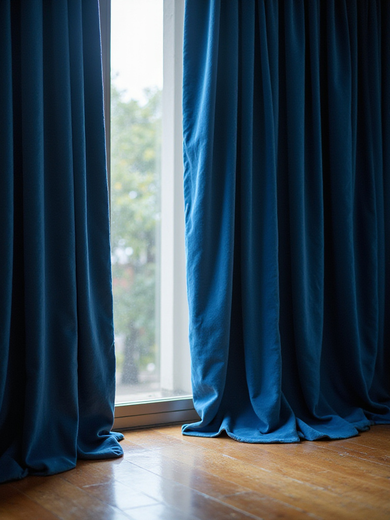 Luxurious living room featuring floor-to-ceiling blue velvet drapes.