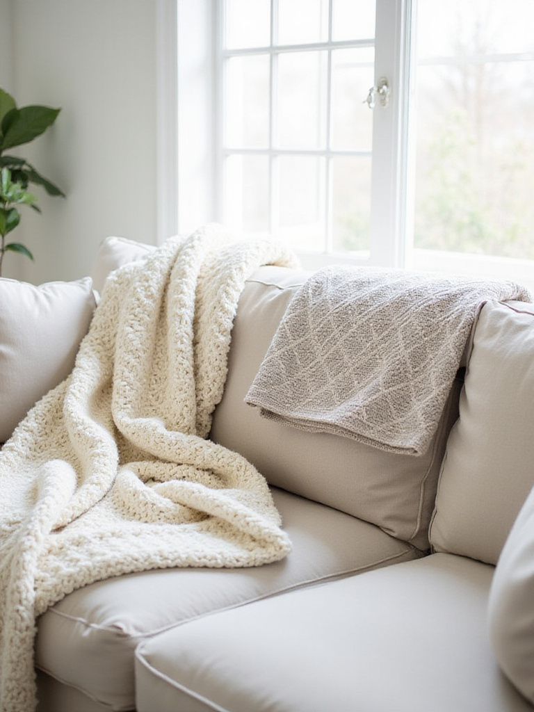 Cozy living room with layered throws and blankets on a neutral sofa