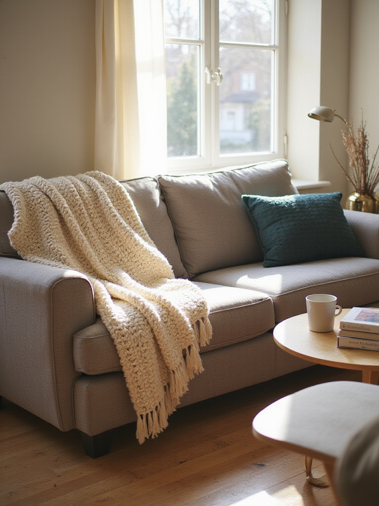 Chunky knit throw blanket draped over a grey sofa in a sunlit living room.