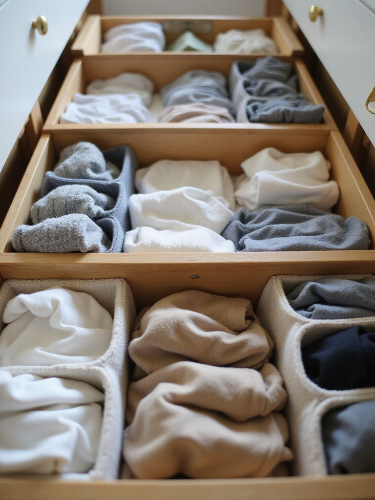 Neatly organized bedroom drawers with various dividers separating folded clothing.