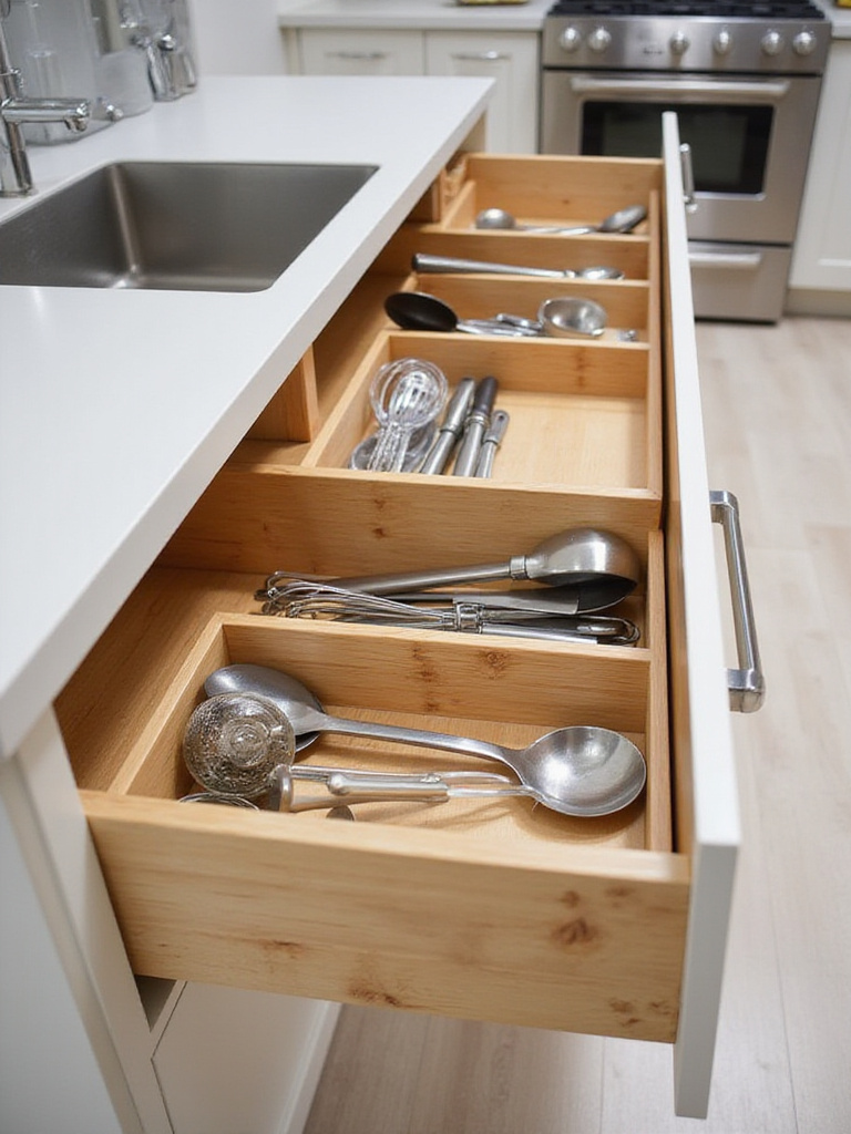 Organized kitchen utensil drawer with bamboo dividers.
