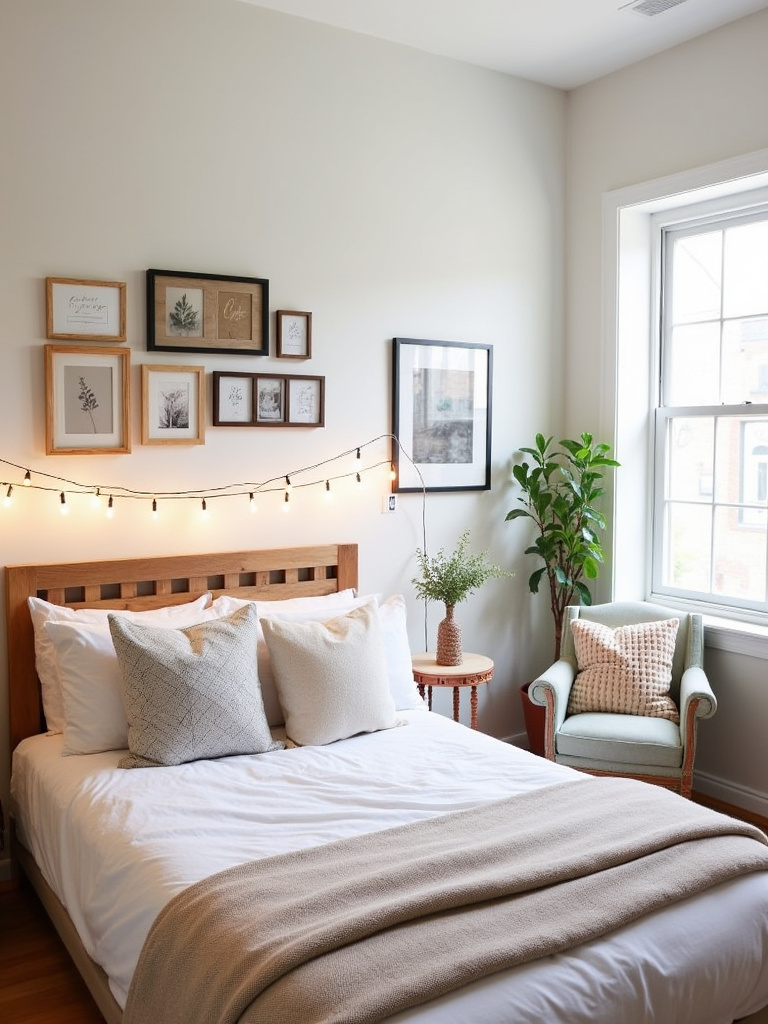Budget-friendly apartment bedroom decor ideas with DIY headboard and gallery wall.