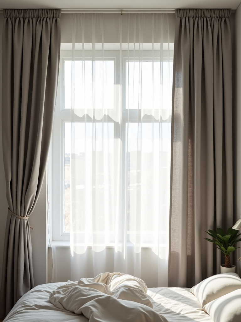Apartment bedroom with layered curtains providing privacy and style.