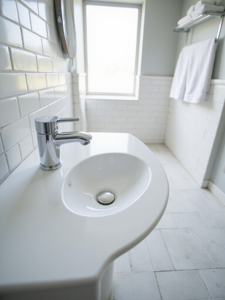 Modern bathroom with white sink and chrome faucet, showcasing durable and timeless design.