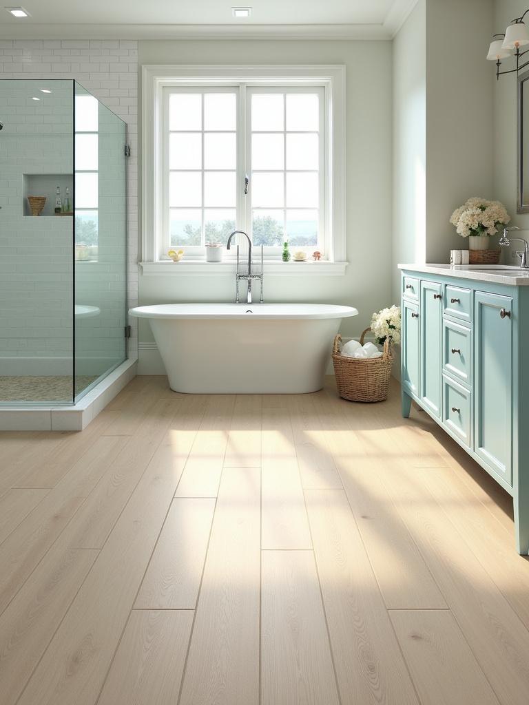 Coastal bathroom with durable, wood-look porcelain tile flooring in a light beige color.
