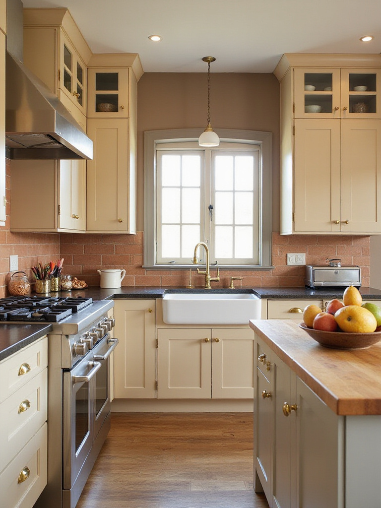 Warm and inviting kitchen featuring beige cabinets, terracotta backsplash, and taupe walls.