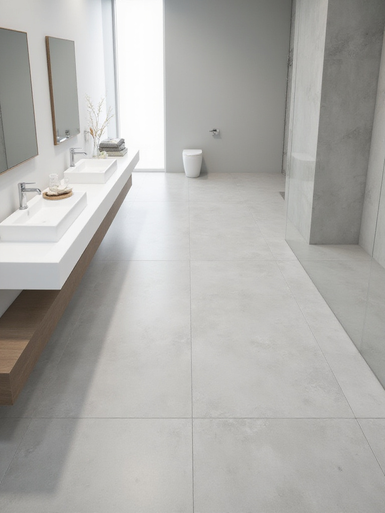 Easy-clean light gray porcelain bathroom floor tiles in a modern bathroom.