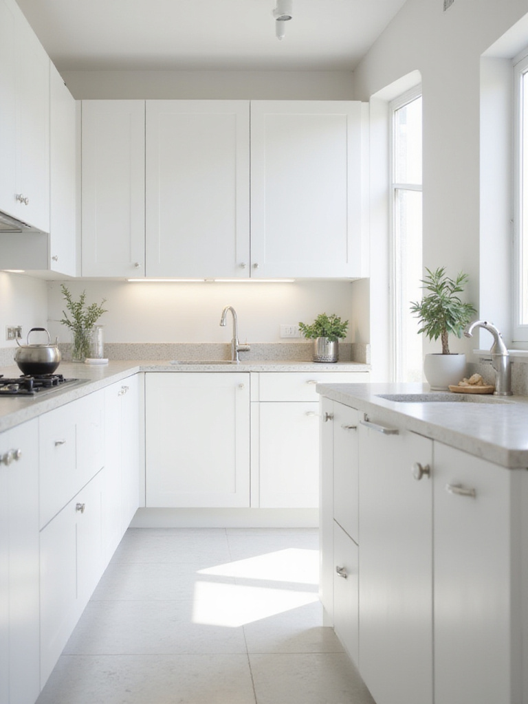 Spotless white kitchen cabinets in a bright, modern kitchen.