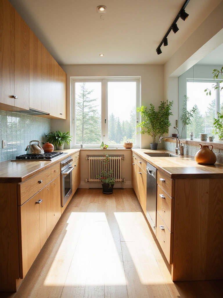 Modern kitchen design featuring sustainable materials like reclaimed wood countertops and recycled glass backsplash.
