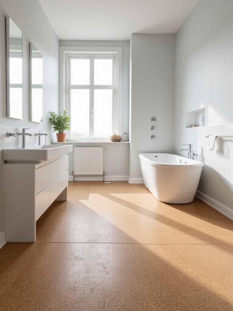 Eco-friendly cork flooring in a modern bathroom with a freestanding tub.