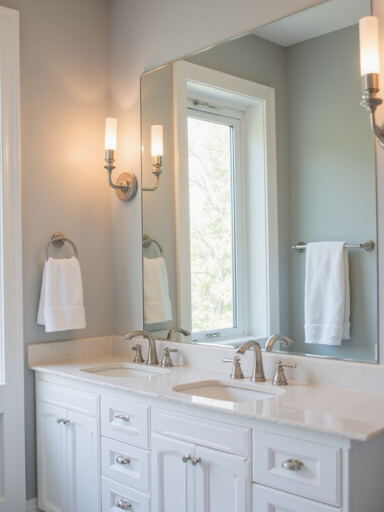 Elegant bathroom with double vanity and sconce lighting
