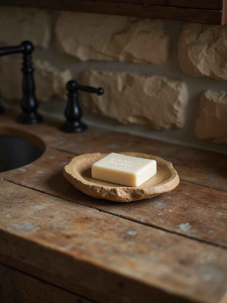 Natural stone soap dish on a reclaimed wood countertop in a rustic bathroom.