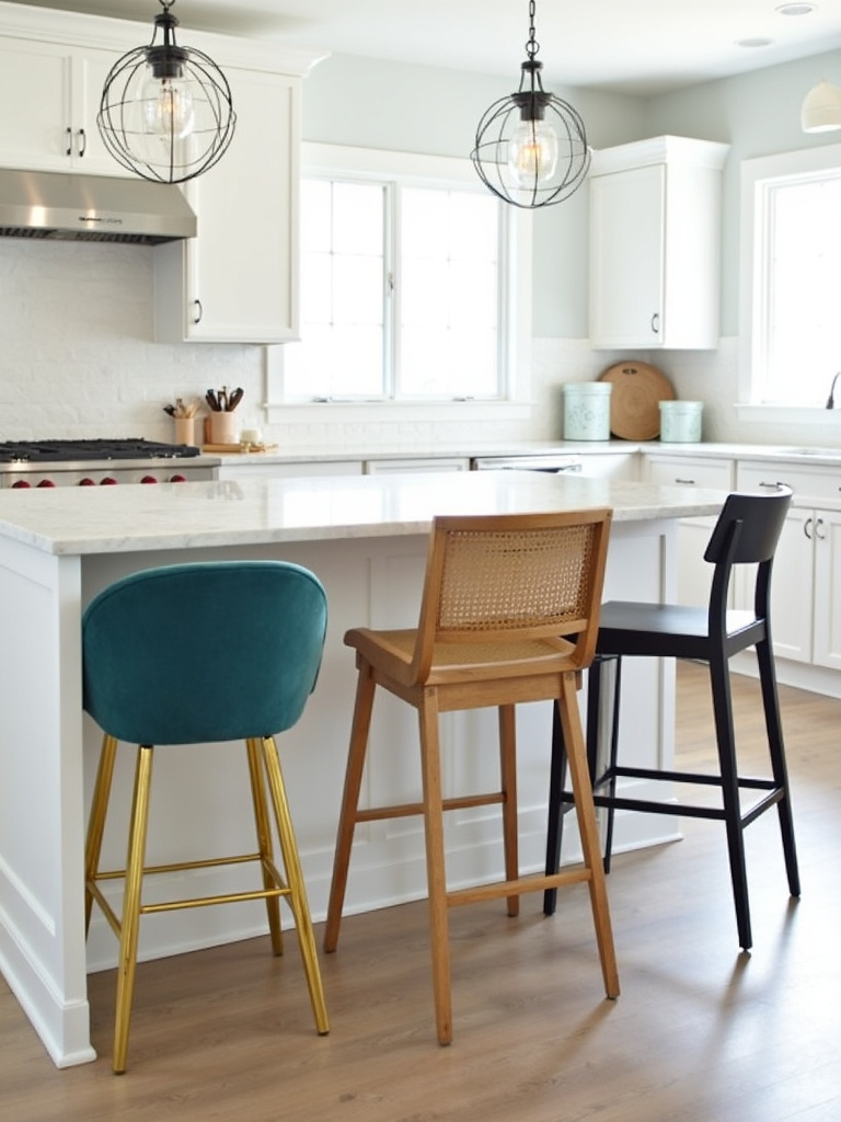 Stylish bar stools in teal velvet, natural wood, and black metal elevate a modern kitchen island.