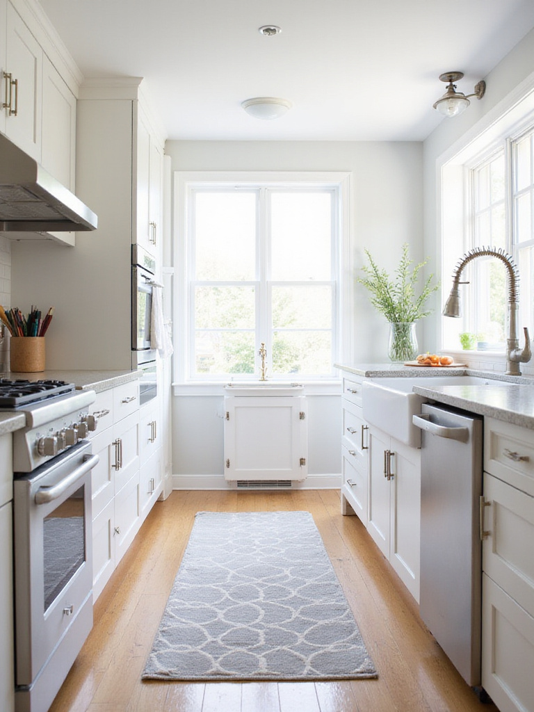 Stylish kitchen with white cabinets and a geometric runner rug adding warmth and color.