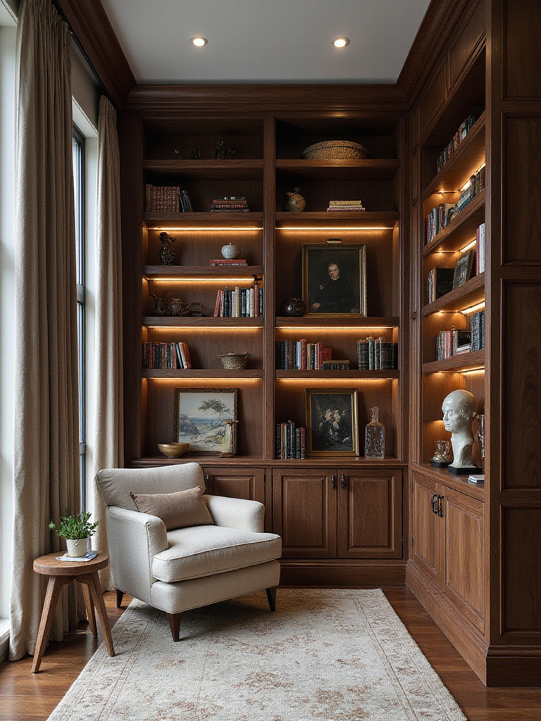 Luxurious living room with custom walnut built-in bookshelves featuring integrated lighting and curated decor.