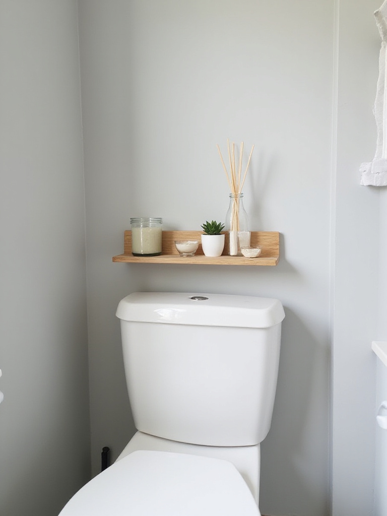 Scented candles and reed diffuser on a shelf in a small bathroom, enhancing the ambiance.