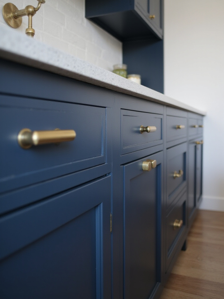 Navy blue kitchen cabinets with brushed brass hardware