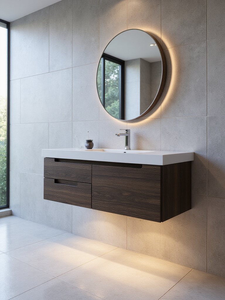 Modern bathroom interior featuring a dark wood floating vanity with LED lighting.