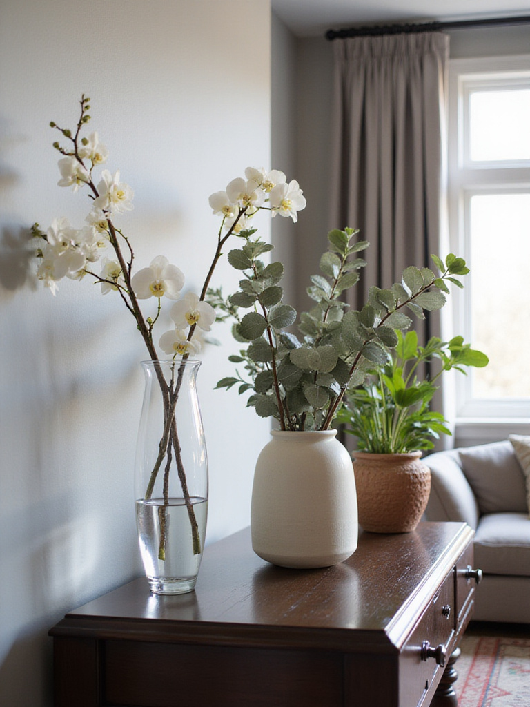 Elegant vases with flowers, branches, and greenery on a living room console table.