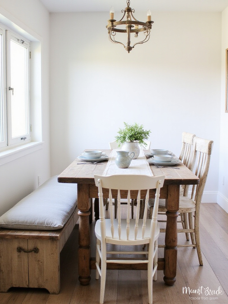 Farmhouse dining room featuring a wooden dining table and a reclaimed wood bench with a light grey cushion.