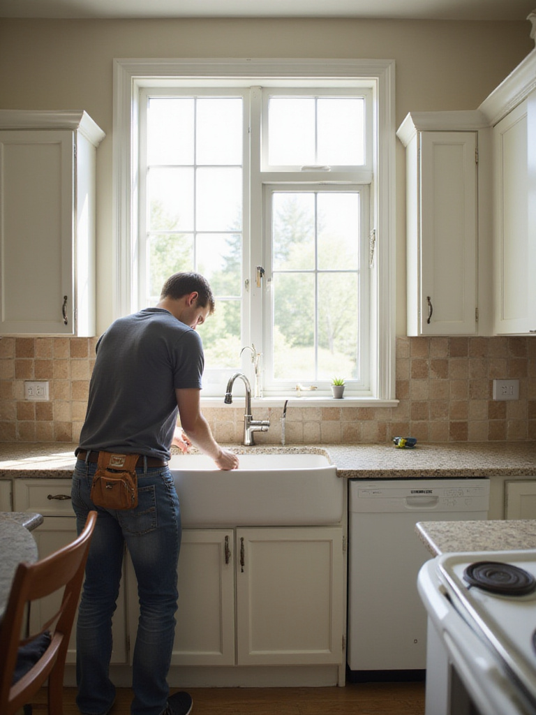 DIY kitchen remodel in progress, showing faucet installation