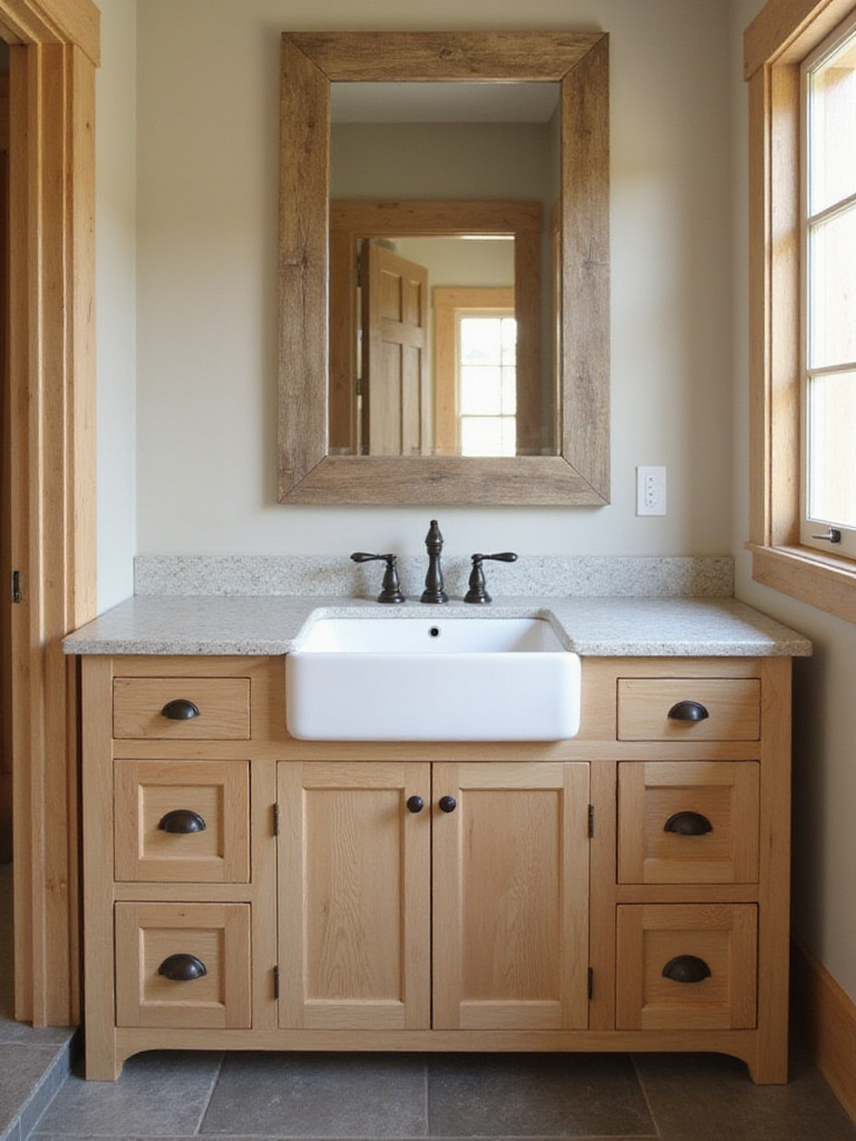 Rustic bathroom featuring a deep farmhouse sink and wooden vanity.
