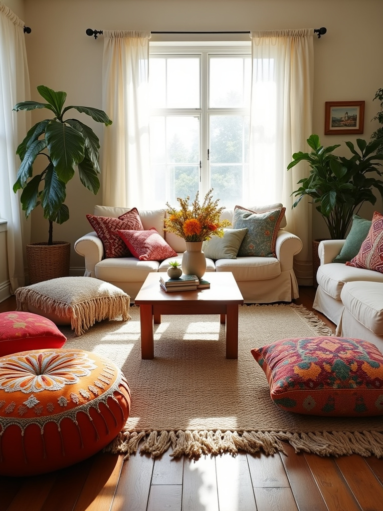 Boho living room with a variety of colorful and textured floor cushions arranged around a low coffee table on a textured rug.