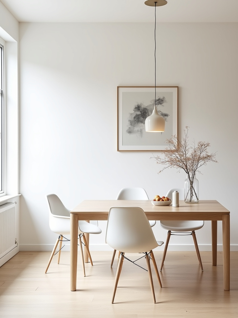 Minimalist dining room design with light wood table and white chairs, emphasizing clean lines and natural light.