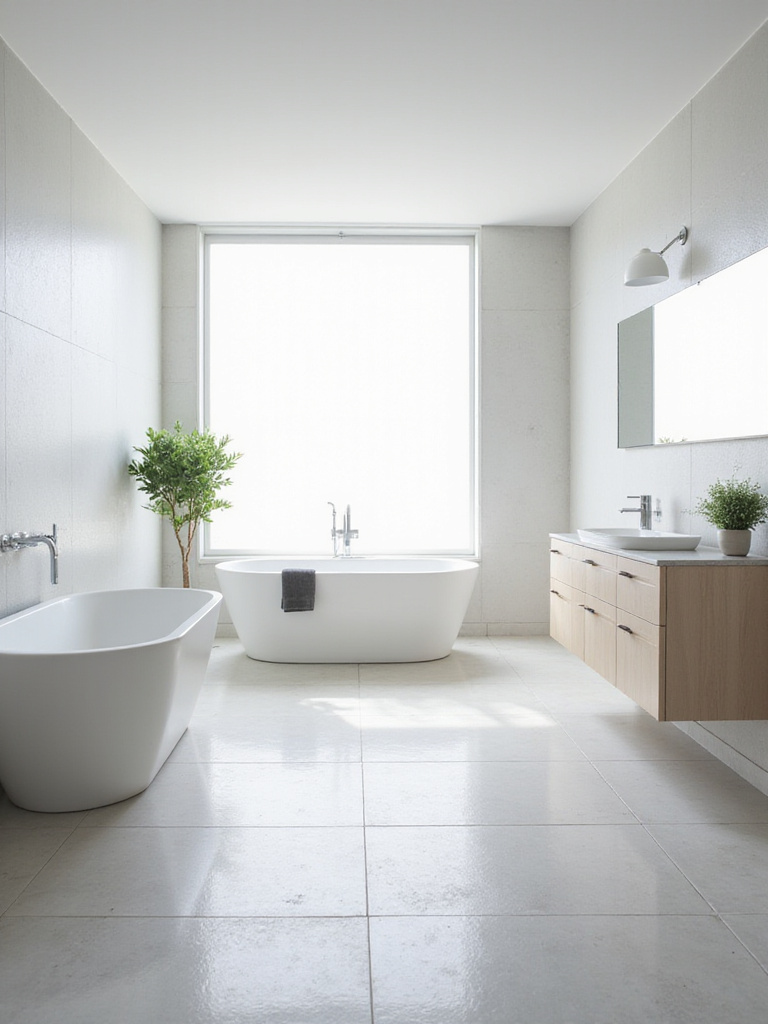 Minimalist bathroom interior design with white and gray color scheme, clean lines, and a freestanding bathtub.