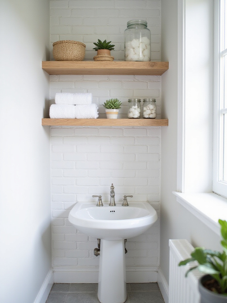 Small bathroom with open shelving displaying towels, plants, and toiletries.