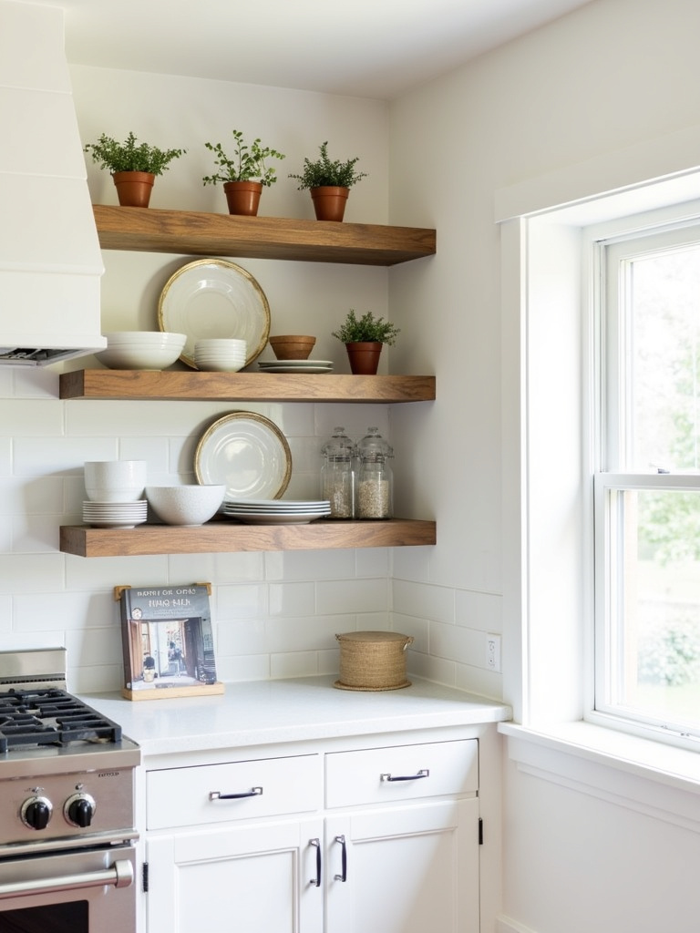 Modern farmhouse kitchen with open shelving displaying dishes, cookware, and plants.