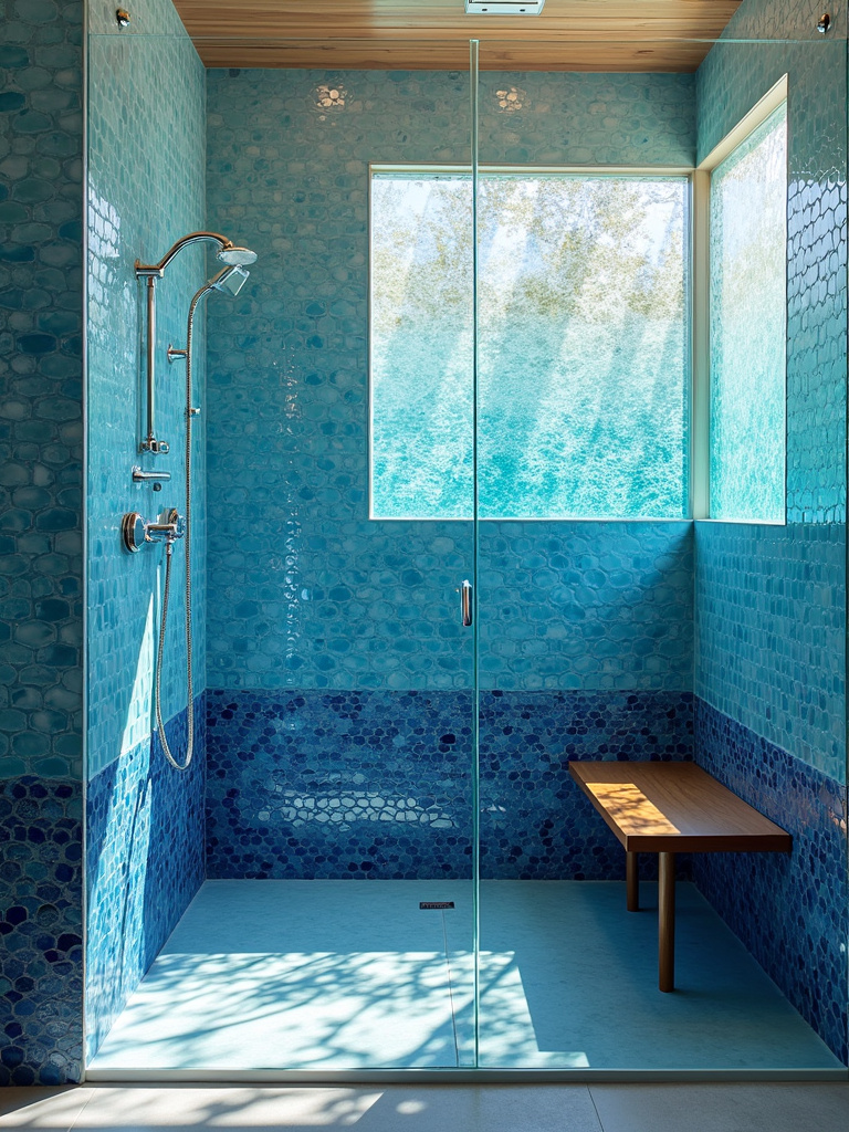 Serene blue coastal bathroom featuring ombre glass mosaic tiles mimicking ocean depths.